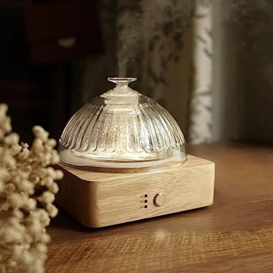 Diffusore di Oli Essenziali con Cupola in Vetro e Base in Legno - Senza Plastica, 200ml, Diffusore a Ultrasuoni per Aromaterapia
