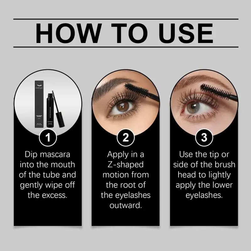 Quick drying mascara, waterproof, elongating and volumizing, for sensitive eyes, which curls the eyelashes, proof of deburring, long lasting, for a natural makeup