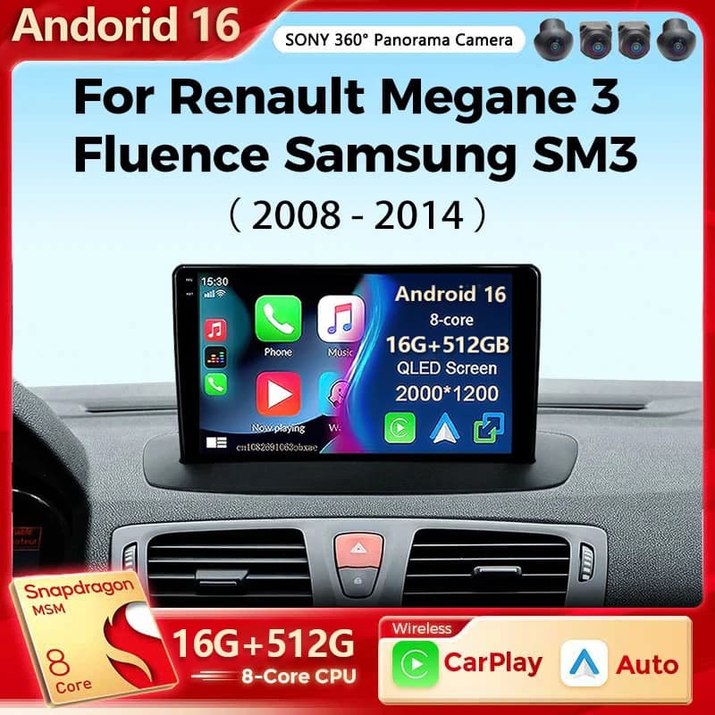 Android 15 Autoradio Multimedia Riproduzione Per Renault Megane 3 Fluence Samsung SM3 2008 - 2014 Wireless Carplay DSP 48EQ 2Din DSP BT
