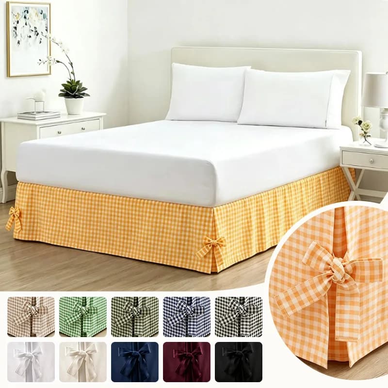 Hotel Quality White Bed Skirt Elastic Pinch Pleat 35cm Drop Premium Wrap Around Bed Sheet for Queen Bed Bowknot Bandage