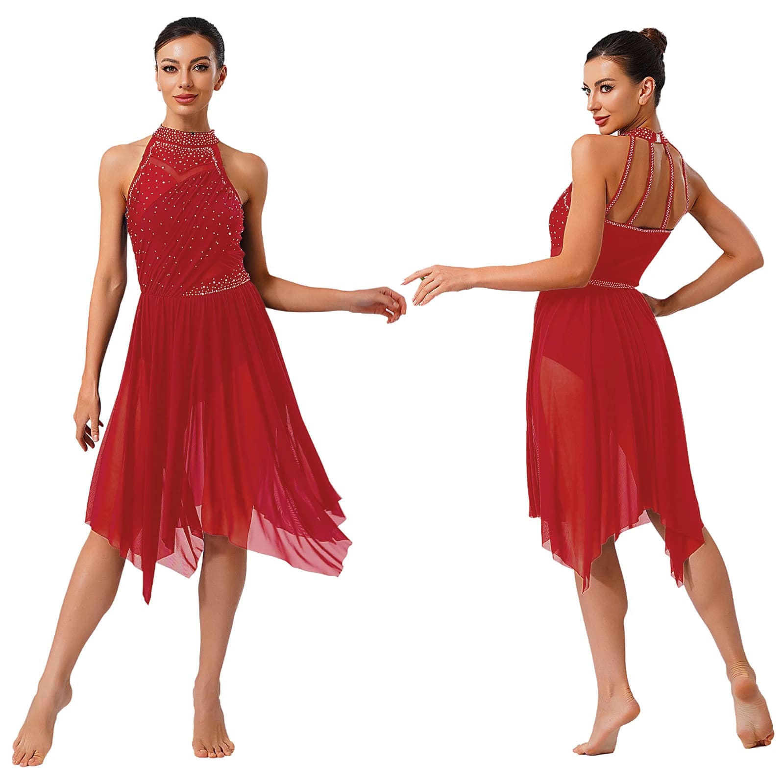 Costumi di danza lirica da donna Halter Strass scintillanti Body a rete irregolare Gonna Abito da ballo per competizione di pattinaggio di figura