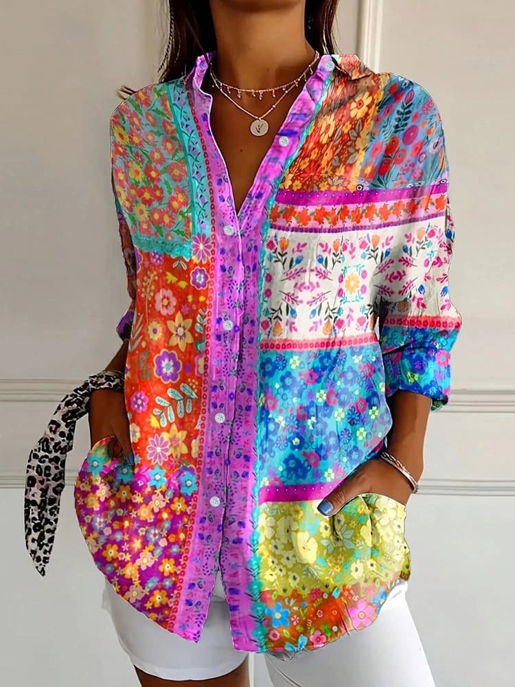 Short-sleeved casual shirt with floral print strong sizes Long sleeve shirt with single-line buttons with wide V neckline