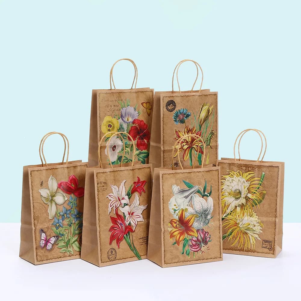 30pcs Vintage Flower Paper Gift Bag Christmas Wedding Monther Day Brithday Valentine's Day Festive Gift Packing Kraft Paper Bag