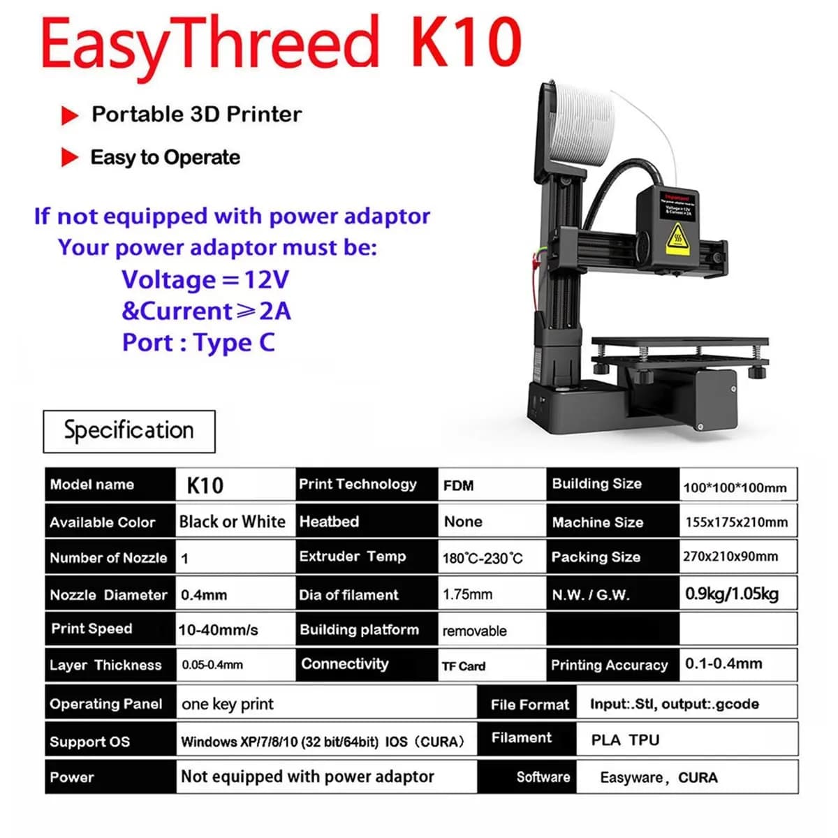 (A75T) Per stampante 3D EasyThreed Entry Level, compatibile con filamento PLA TPU da 1,75 mm, include alimentatore con spina EU, colore bianco