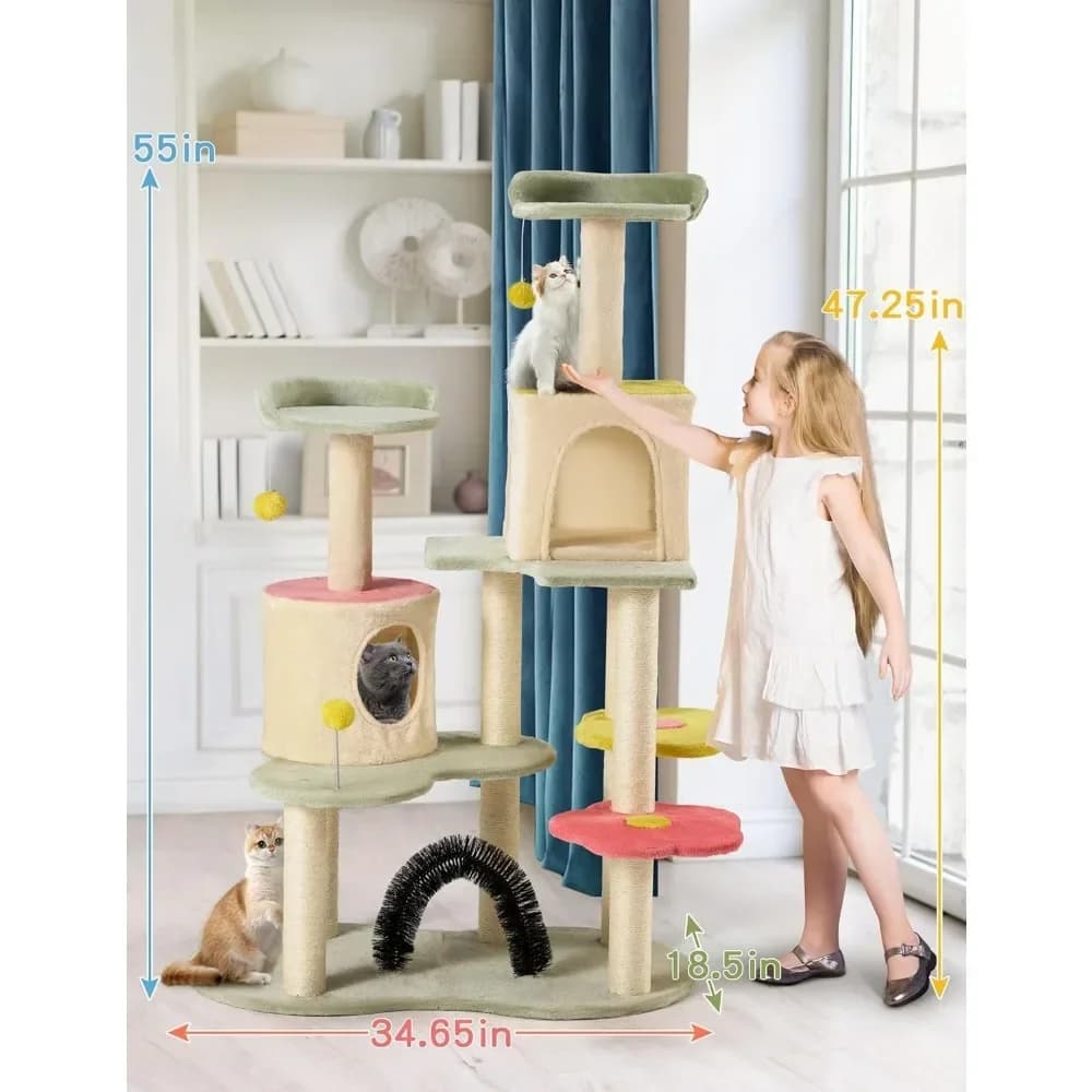 Th 59 pollici Simpatico albero per gatti da interno con tiragraffi per gatti coperti in salo Supporto accogliente condo campana palla colorata casa sull'albero