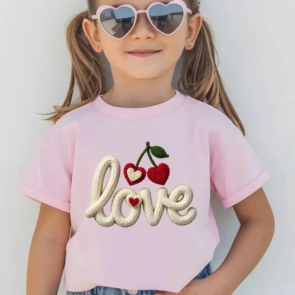 T-shirt comoda da bambina in puro cotone con stampa Love you Cherry much, t-shirt comoda da bambina con scollo a O, t-shirt a maniche corte per esterni