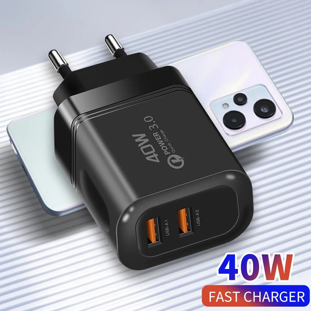 Caricatore USB 40W con Ricarica Rapida 3.0, Doppia Porta, Adattatore per Ricarica Veloce, Caricatore da Viaggio con Spina EU/US per iPhone, Samsung, Xiaomi 15, Huawei