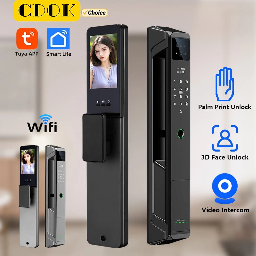 CDOK P85 Tuya WiFi blocco completamente automatico delle impronte digitali, sblocco remoto del citofono, cat eye visivo remoto