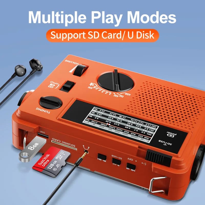 Radio di emergenza a manovella AM/FM/SW Radio multibanda Chiavetta USB Lettore musicale con inserimento scheda TF con illuminazione esterna