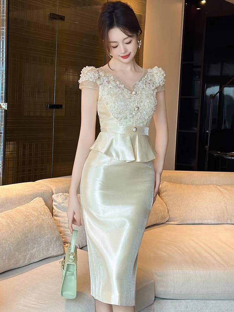 Summer Fashion Lace Spliced Formal Dress Women Clothes Elegant Sweet Short Sleeve Robe Party Birthday Vestidos Mujer Office Lady