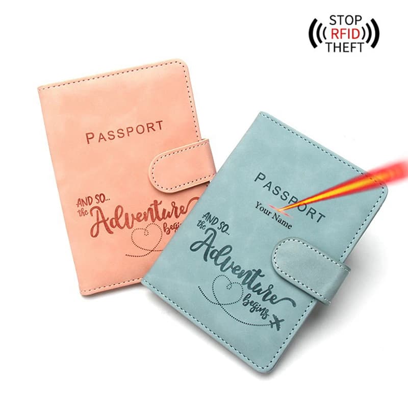 Custodia per passaporto Adventure Nome personalizzato Portafoglio da viaggio Rfid Custodia in PU per biglietti per passaporti Porta carte Organizzatore di documenti da viaggio