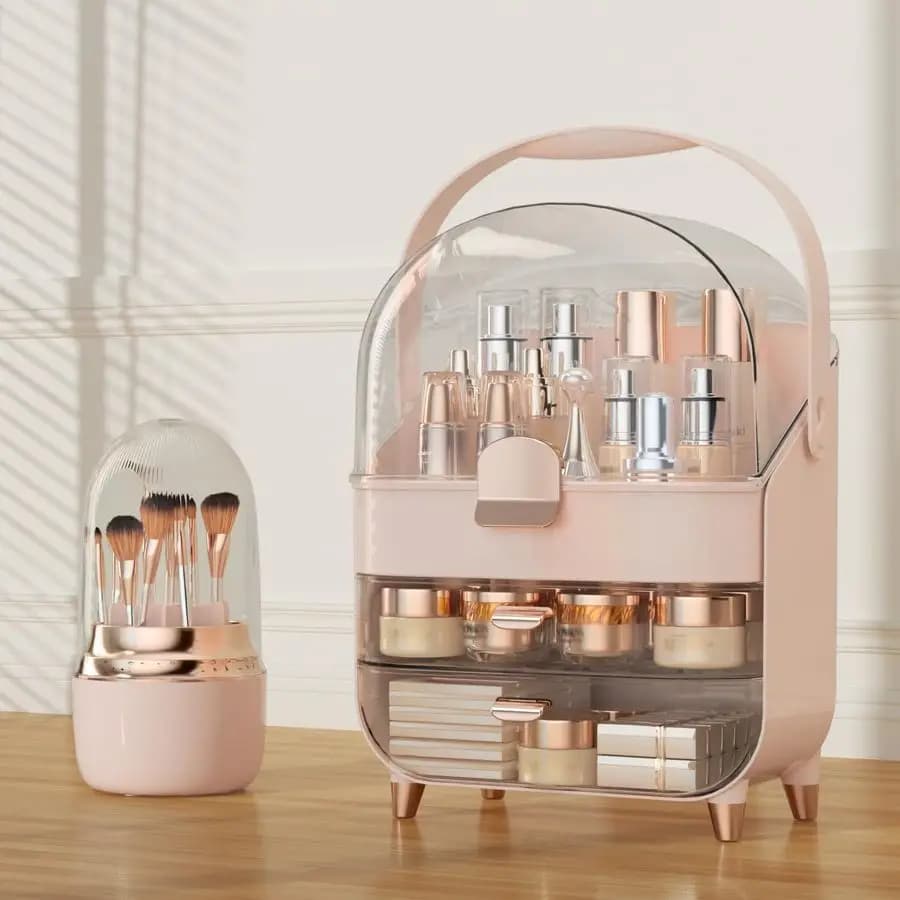 360° swivel bench organizer for makeup brushes, cosmetic door with lid and drawers, cosmetic display box