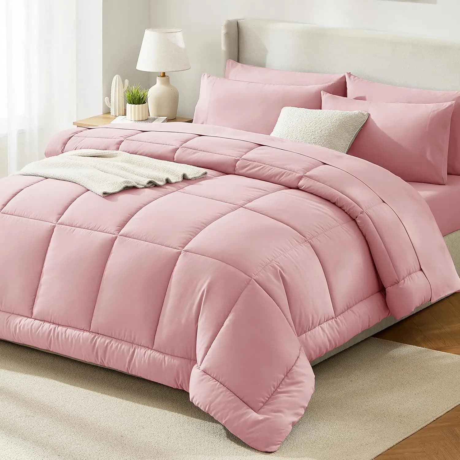 Set Copripiumino Lusso Rosa Queen 7 Pezzi, Morbido e Soffice, Set Completo per Letto, Biancheria da Letto per Tutte le Stagioni con Lenzuola e Federe