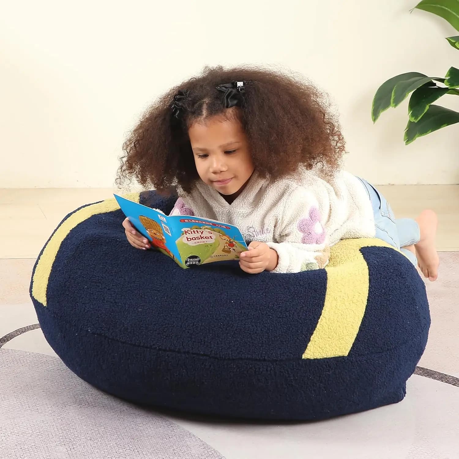 Poltrona a sacco per bambini a forma di pallone da calcio, in morbido sherpa, 76 cm, blu scuro - Angolo accogliente per gaming e lettura