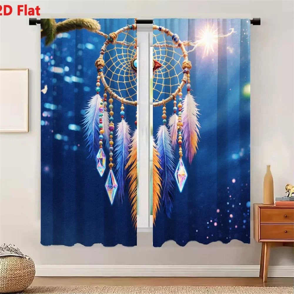 Dreamcatcher Curtain Blue Galaxy Night Sky Window Dressing Boho Chic Home Decor Curtain Panels