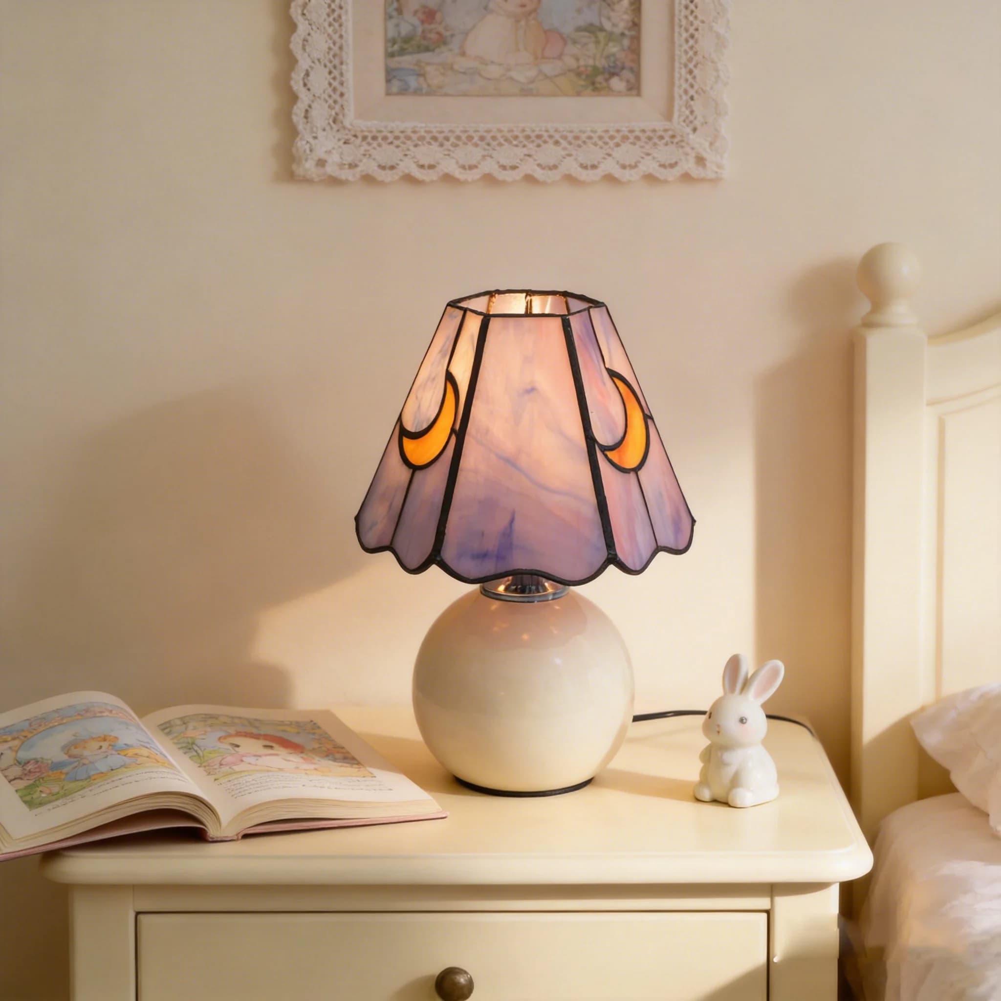 Modern Stained Glass Purple Moon Mushroom table Lamp for Bedroom Small Nightstand Lamps for Home Living Room kid's room decor