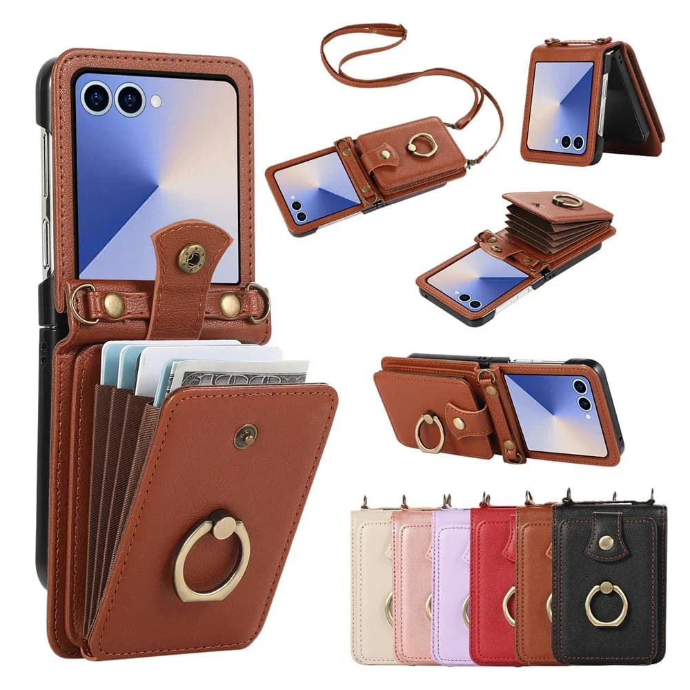 Leather wallet phone case for Samsung Galaxy Z Flip 7 6 5 4 3 Flip7 FE with card holder and shoulder strap