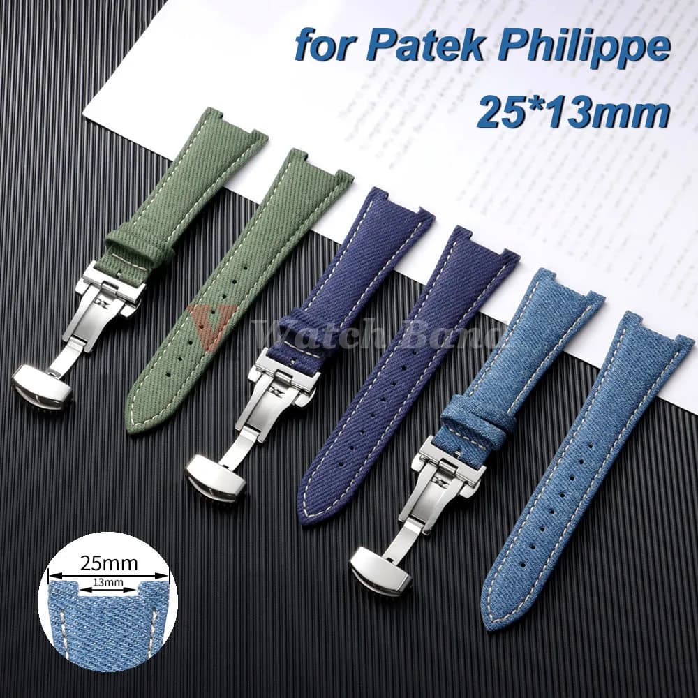 For Patek Philippe Nautilus Series 25*13mm Denim Nylon Cowhide Watch Straps 5711 5712 7010G Business Watchband Vintage Wristband