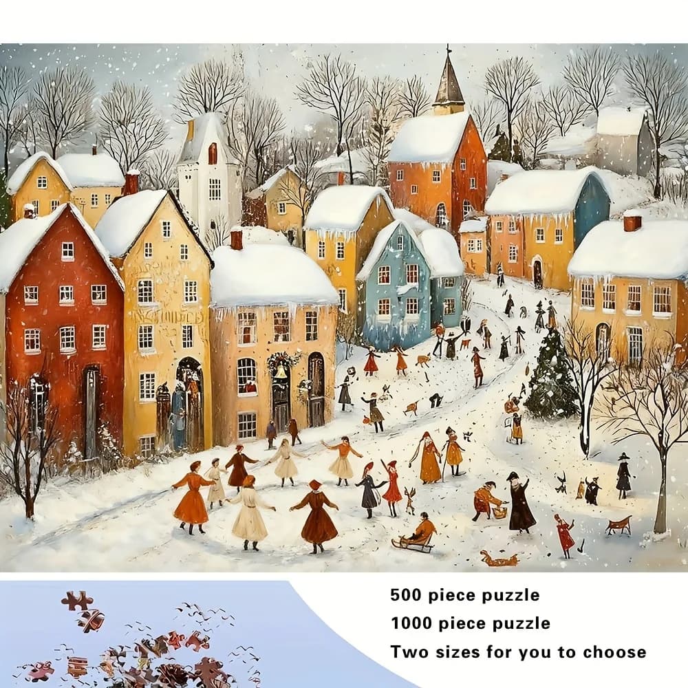 Puzzle grande da 500/1000 pezzi per adulti - Scena di neve del villaggio invernale con pattinaggio su ghiaccio e case europee, puzzle 5D stimolante (500