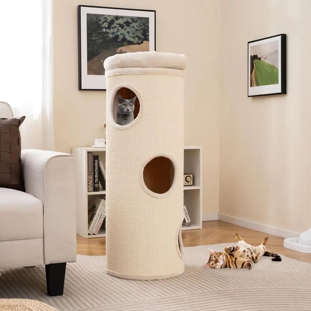 49 Inch Multi-Level Barrel-Shaped Cat House with Sisal Scratching Pad, 3 Hideaways, Removable Sot Top Plush Bed, Ideal for Indoo