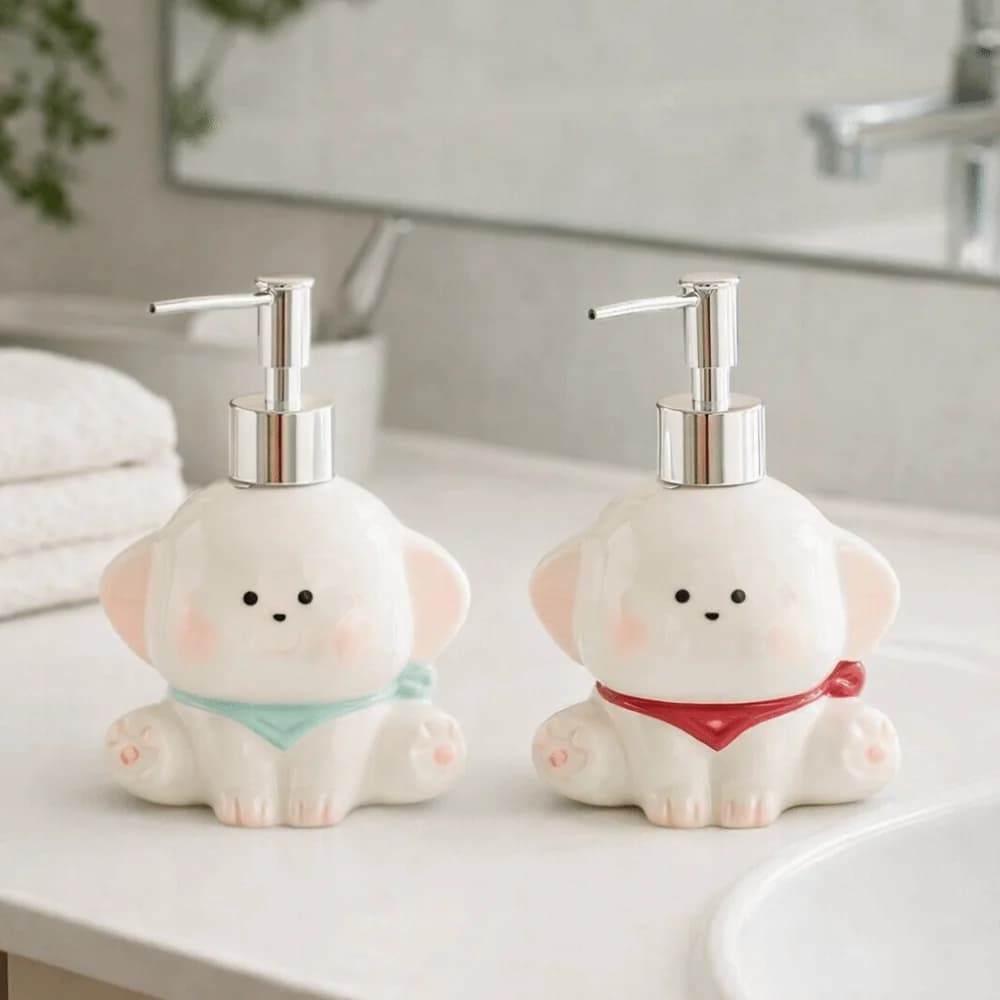 Dispenser di Sapone Liquido in Ceramica con Pompa a Pressione, Bottiglia Vuota per Gel Doccia, Flaconi Separati, Bottiglia di Shampoo a Forma di Cane Carino per Cucina