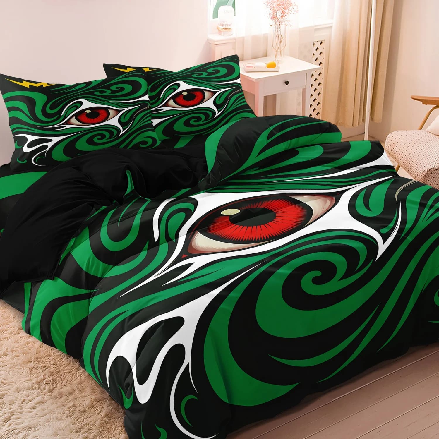 3 Pieces Green Swirl Evil Eye Lightning Print Duvet Cover Set, Red Eyeball Wave Pattern Bedding, For Bedroom Home Decoration