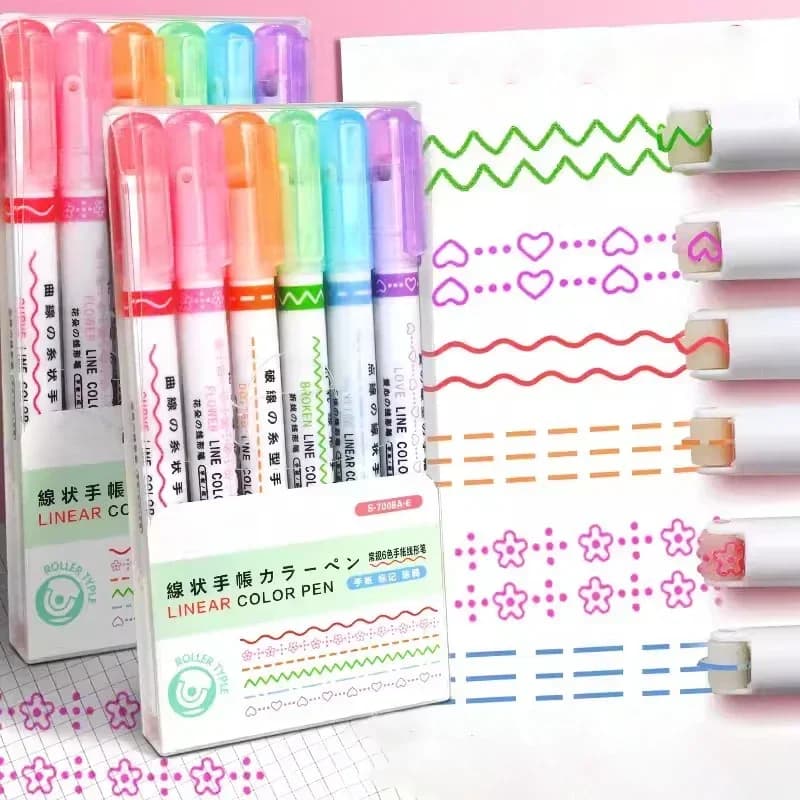 6 modelli linea cuore pennarello a forma di stella punta a rullo curva fodera evidenziatore Kawaii Manga Graffiti penna forniture per ufficio scolastico