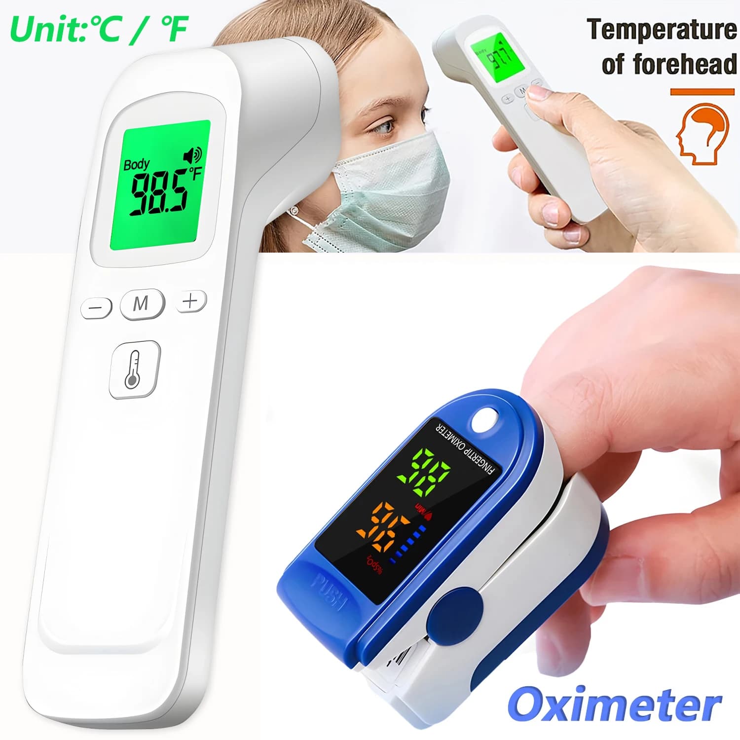 Non-Contact Body Temperature Tool Medical IR Fever Thermometer Digital Ear Thermometer + Mini Finger Pulse Oximeter Blood Oxyge