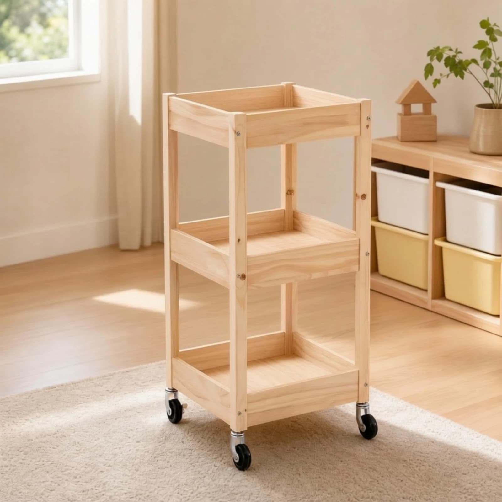 Wooden Organizer Child-Friendly Freestanding Toy Organizer with Shelves Rolling Book and Supply Rack with Locking Brakes
