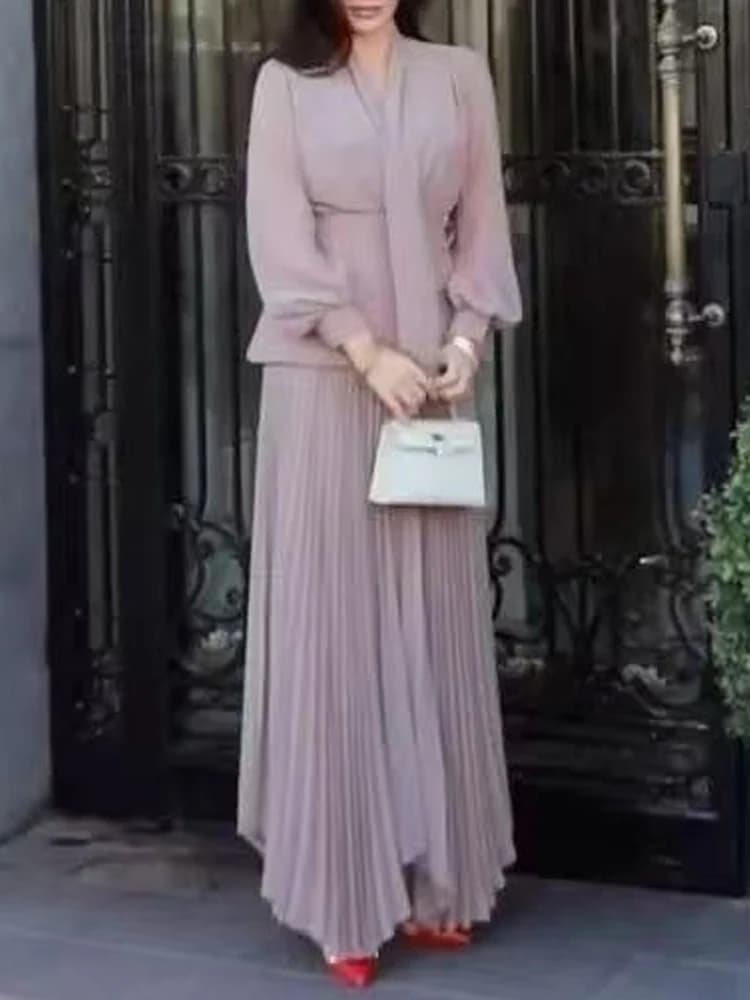 Sexy scollo a V gonna lunga abbinata gilet abiti 2025 moda vita alta tinta unita 3 pezzi vestito da donna elegante set da pendolarismo pieghettato
