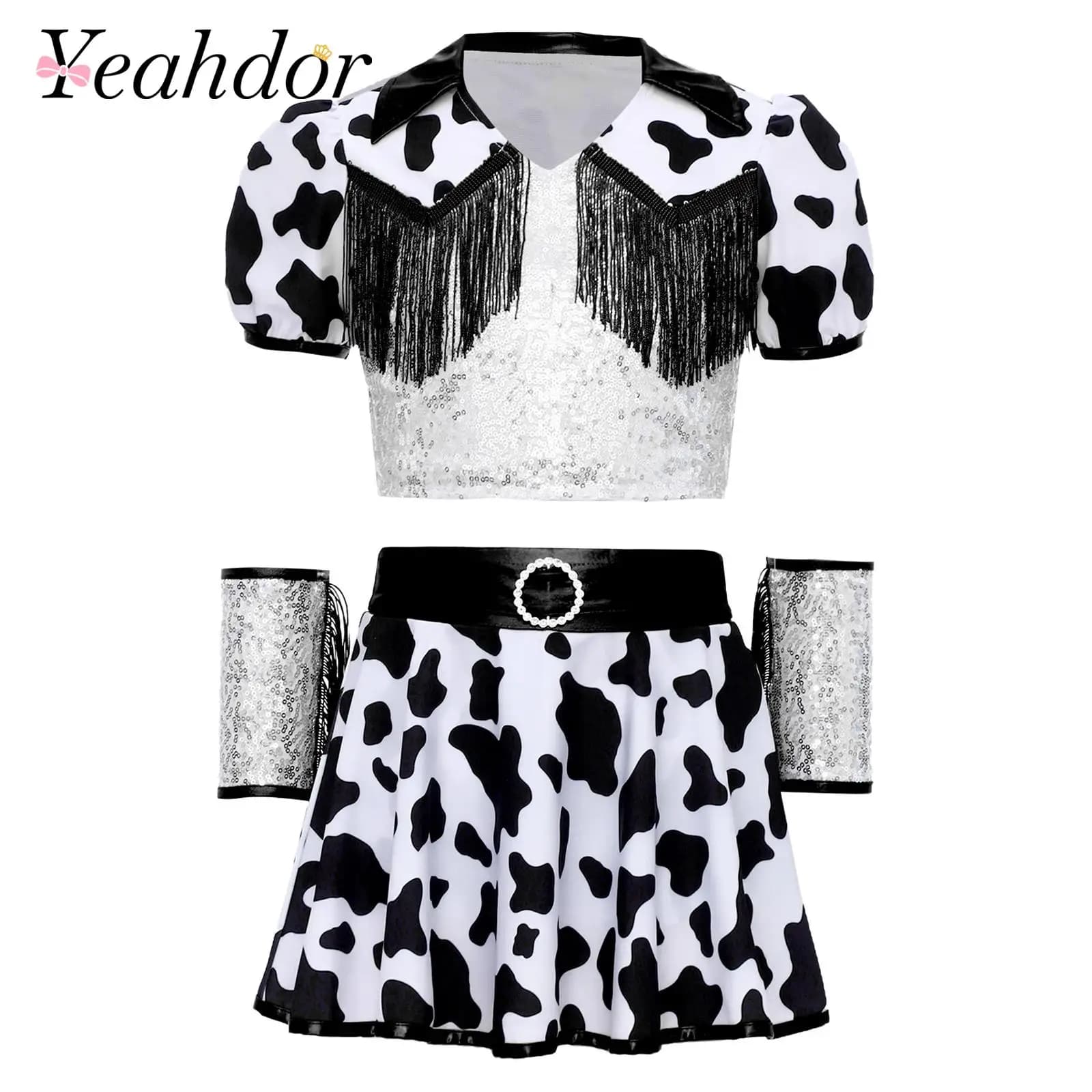 Costumi da cowgirl con stampa per ragazze Vestito con paillettes lucide Top corto con frange stampate con mucca con pantaloncini Gonna Polsini Costume di Halloween