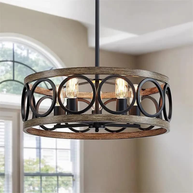 Lampadario Circolare Industriale Americano in Ferro Battuto Stile Rustico con Finitura Effetto Legno per Ristorante, Casa, Camera da Letto, Illuminazione a Soffitto, Arredamento Domestico