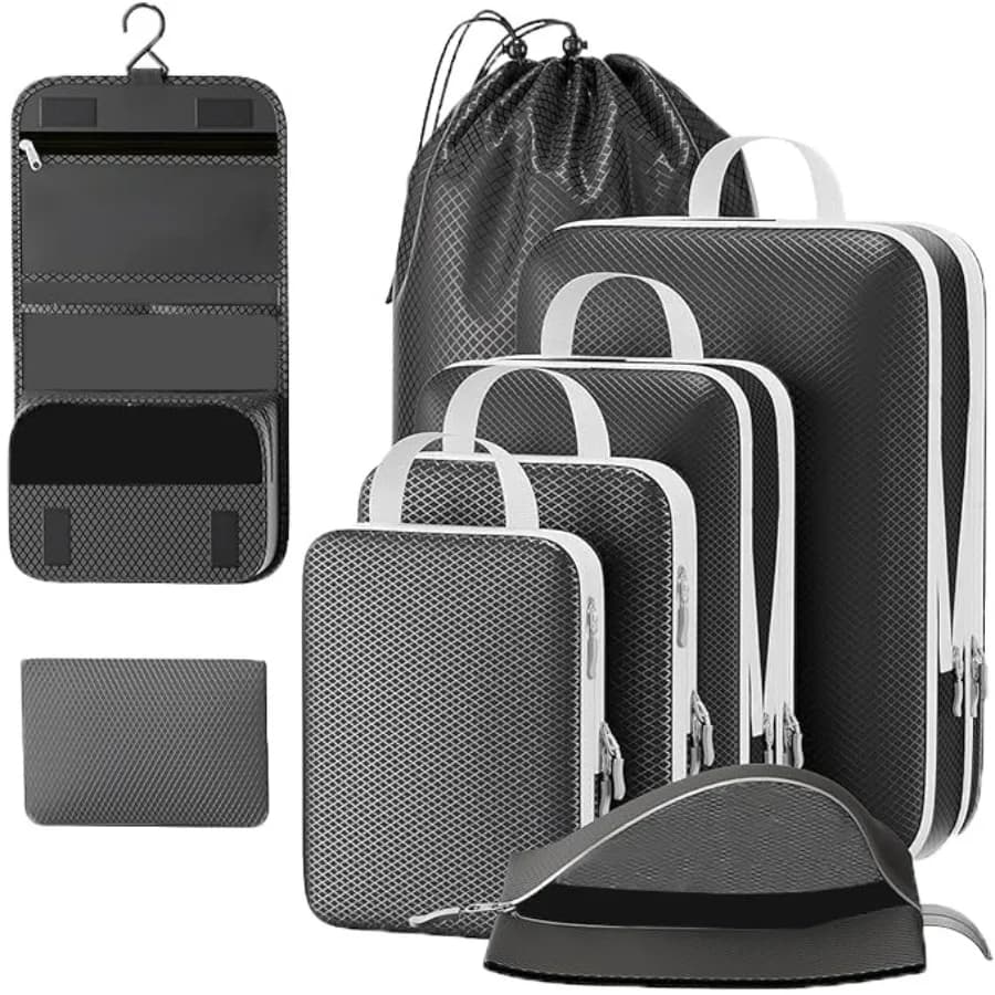 Set di 8 Cubi di Compressione per Viaggio, Ultraleggeri ed Espandibili, 60 Cubi Salvaspazio per Organizzazione Bagagli