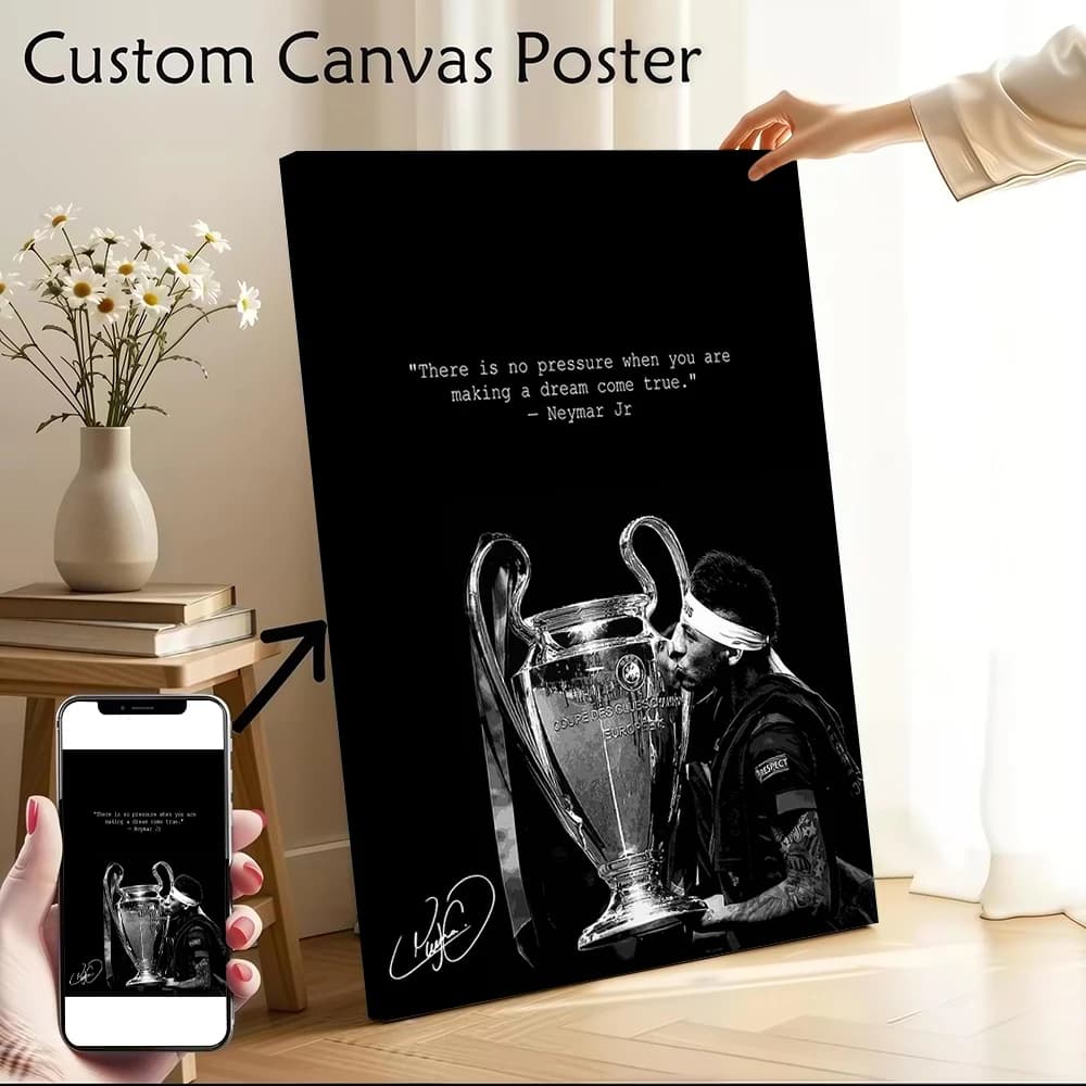 Neymar Jr. Kisses the Champions League Trophy Poster Customizable Printed Canvas Painting for Pictures Wall Art Home Decor Items