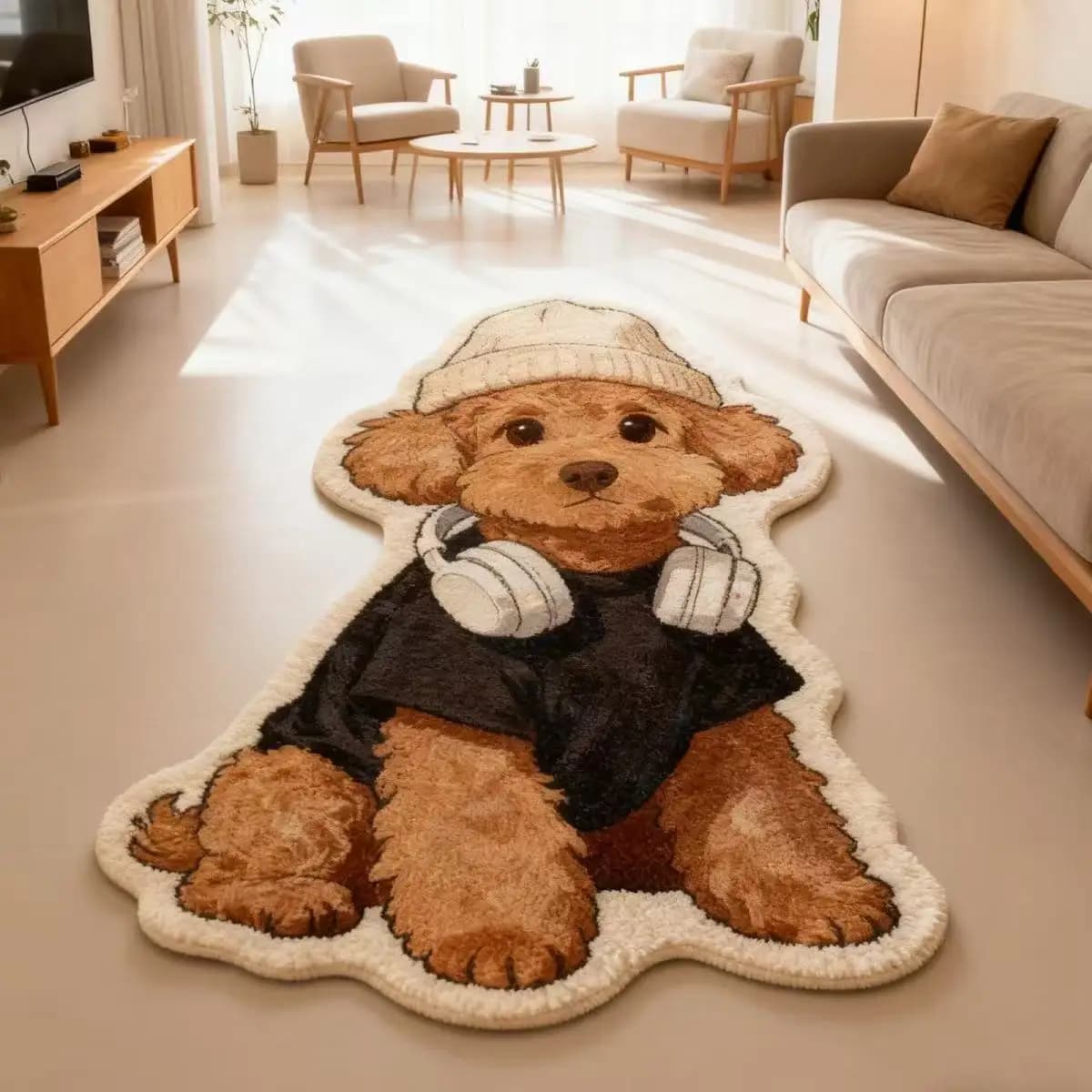 VIKAMA Headphone Teddy Dog Shaped Plush Rug Non Slip Washable Floor Mat Funny Bedroom Pet Lover Decor Carpet Mat