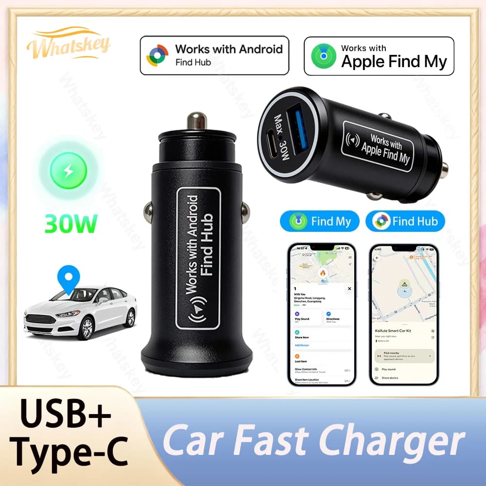 Caricabatterie per Auto 30W USB Tipo C con Localizzatore GPS per iPhone o Telefono Android, Compatibile con Apple Find My o Google Find Hub, Dispositivo Antifurto