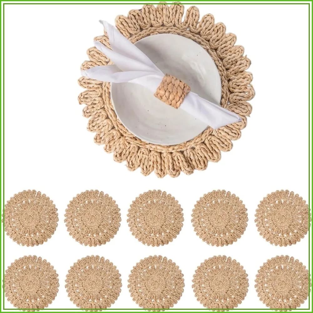 13.8" Set of 10 Round Corn Husk Placemats | Boho Woven Table Mats | Farmhouse Chargers for Wedding, Party, Christmas