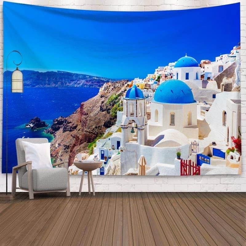 Santorini Greece Scenery Tapestry Blue Dome Church Polyester Wall Hanging Mediterranean Aesthetic Decor for Bedroom Living Room