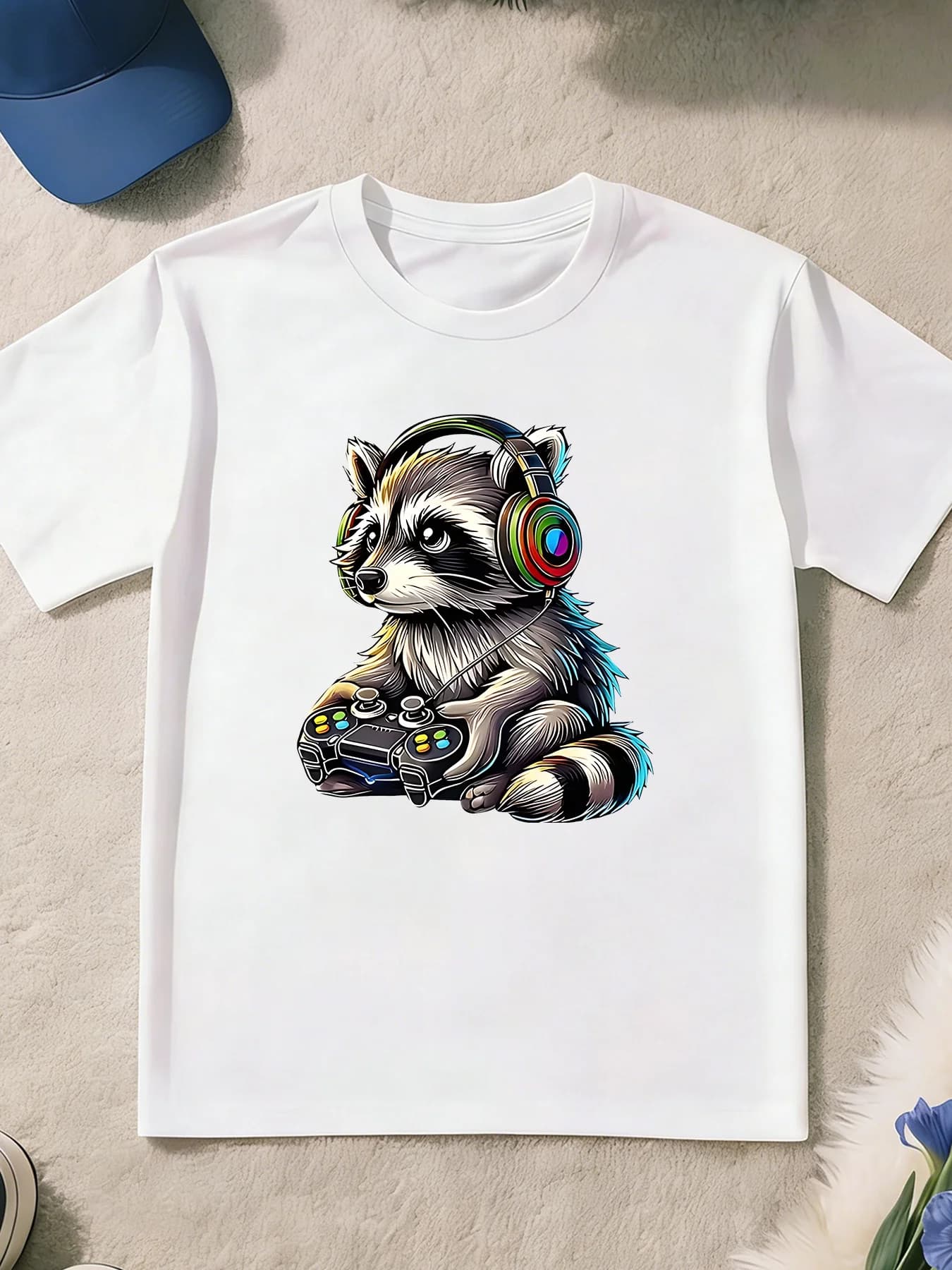 Gamer Raccoon With Headset Gamepad Print T Shirt Boys Girls Gaming Animal Short Sleeve Tee Family Matching Kids Cotton Tops