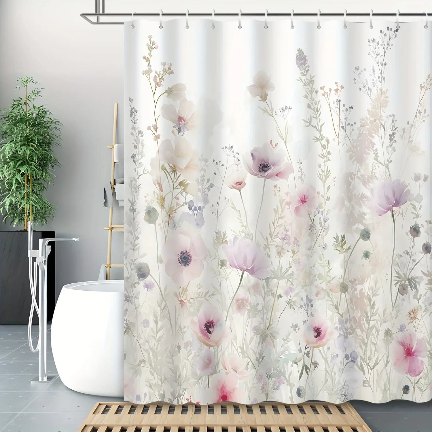 Tenda da doccia Pastel Dreams - Fiore rosa e viola da appendere alla parete per la decorazione del soggiorno e della camera da letto - Morbida