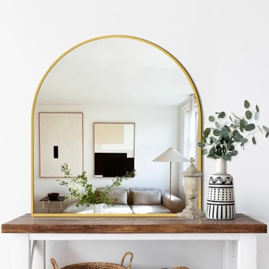 Specchio da Bagno FICTOR per Parete, Specchio da Bagno Arcuato per Sopra il Lavabo, con Cornice in Metallo e Vetro HD Antiurto per Ingresso