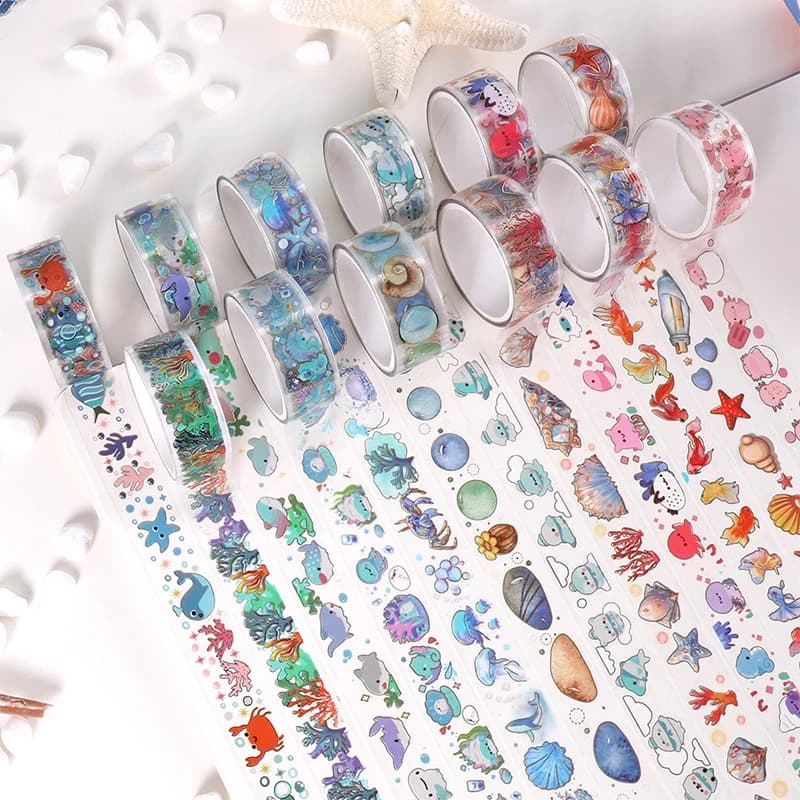 12 Volumes - Small Fresh Double Transparent Underwater World Theme PET Handbag Material Tape Stickers DIY Scrapbook Making Handm