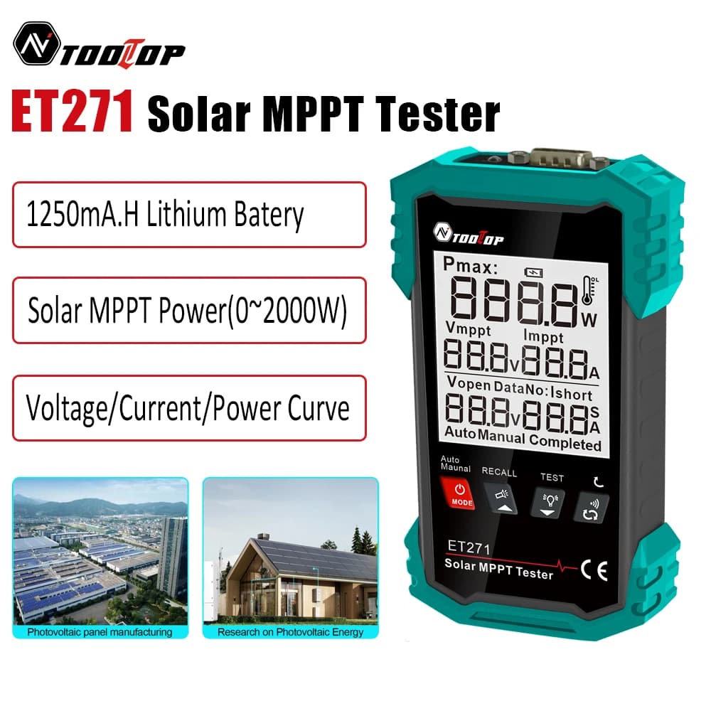 TOOLTOP ET271 Tester Solare MPPT 2000W con Misurazione, Batteria Ricaricabile, Protezione da Sovratensione, Tester per Pannelli Solari con Display da 3,2 Pollici