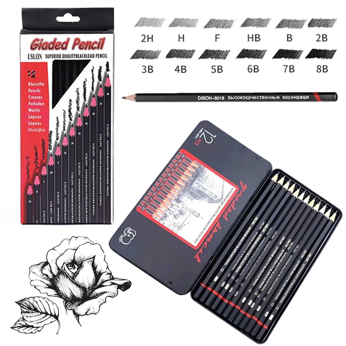 12 PCS/SET 2H-8B Wooden Lead Pencils Set Professional Drawing Writing Pencils School Art Supplies Stationery