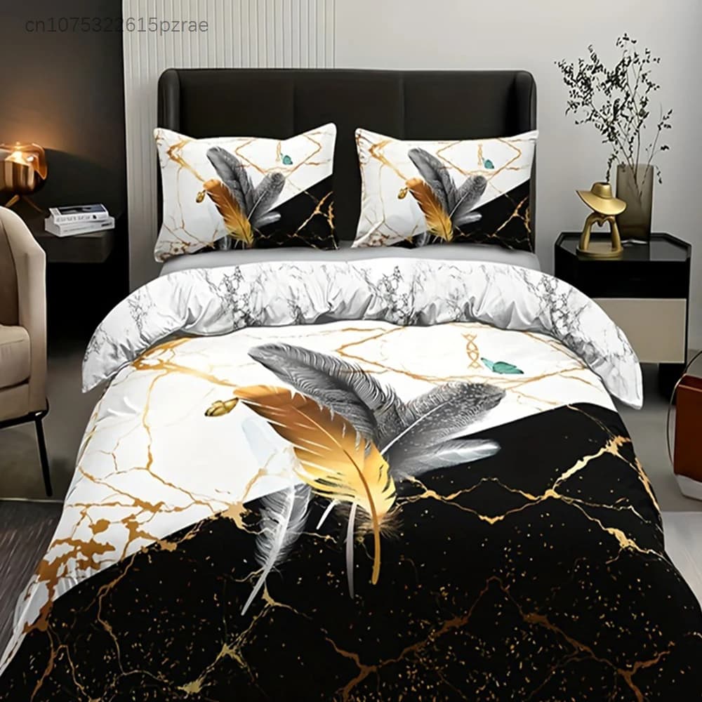 Fashion Duvet Cover Set, Bronzing Marble Feather Print Bedding Set, Soft Comfortable Duvet Cover, For Bedroom, Guest Room