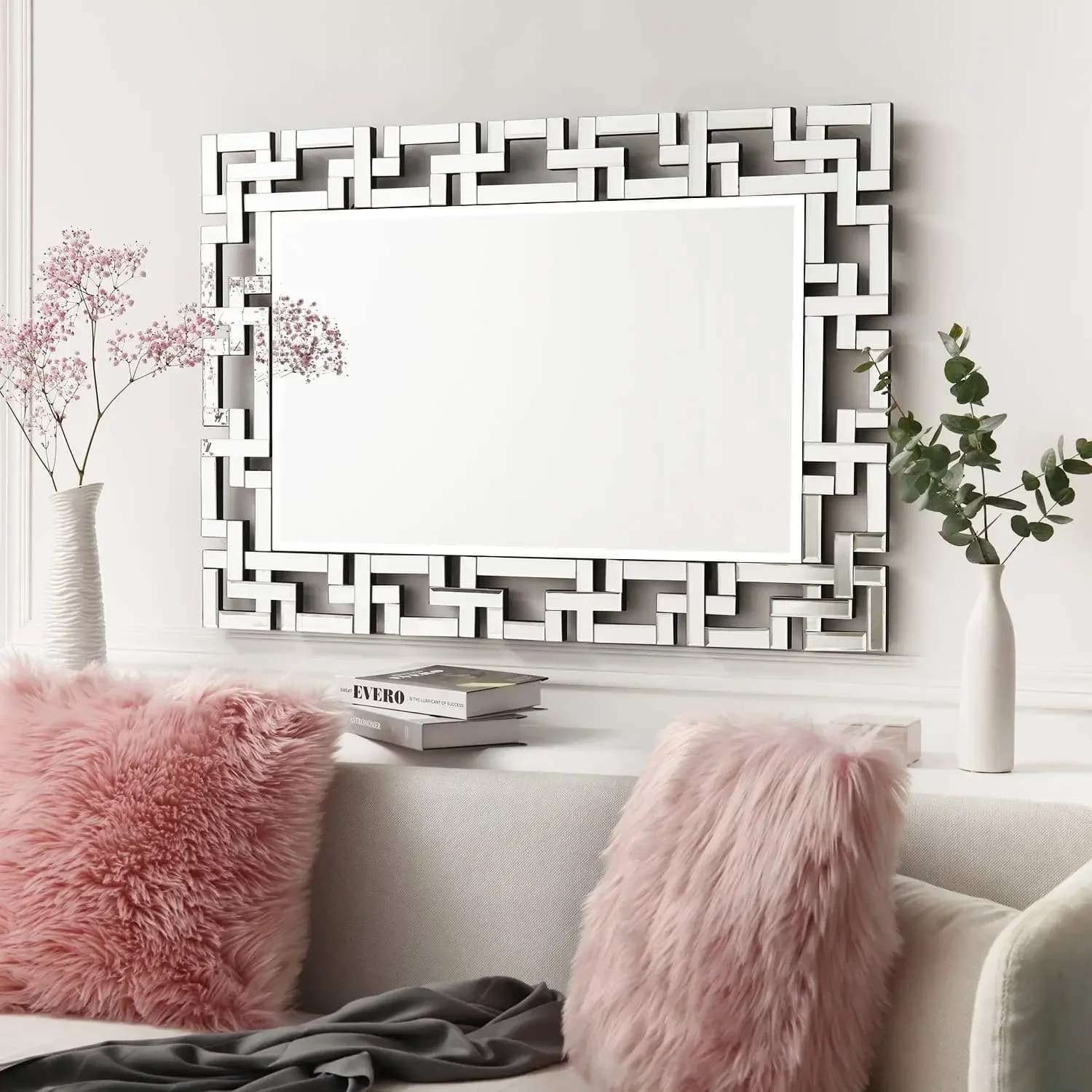 Specchio da parete veneziano decorativo 40" x 28" rettangolare senza cornice con bordo smussato per ingresso, bagno, soggiorno, camera da letto