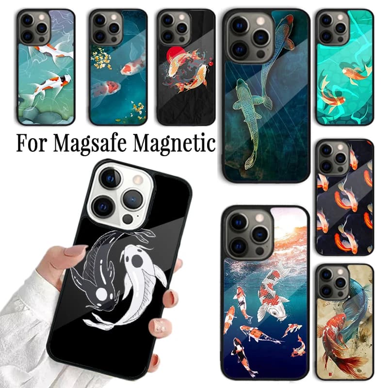 Coppia di Cover per iPhone con Pesci Koi per iPhone 17 AIR 16 15 14 13 12 11 Pro Max Plus, Custodia Magnetica Wireless Magsafe