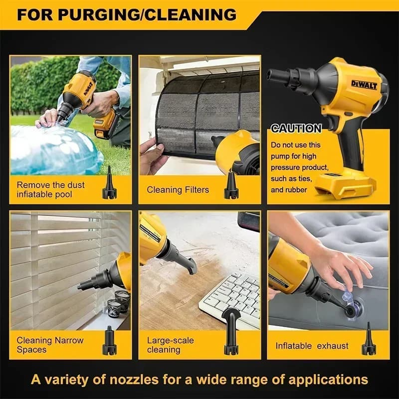 Soffiatore d'aria elettrico portatile Dewalt 20V a batteria, senza fili, con funzione di gonfiatore e asciugacapelli, brushless, per la rimozione della polvere