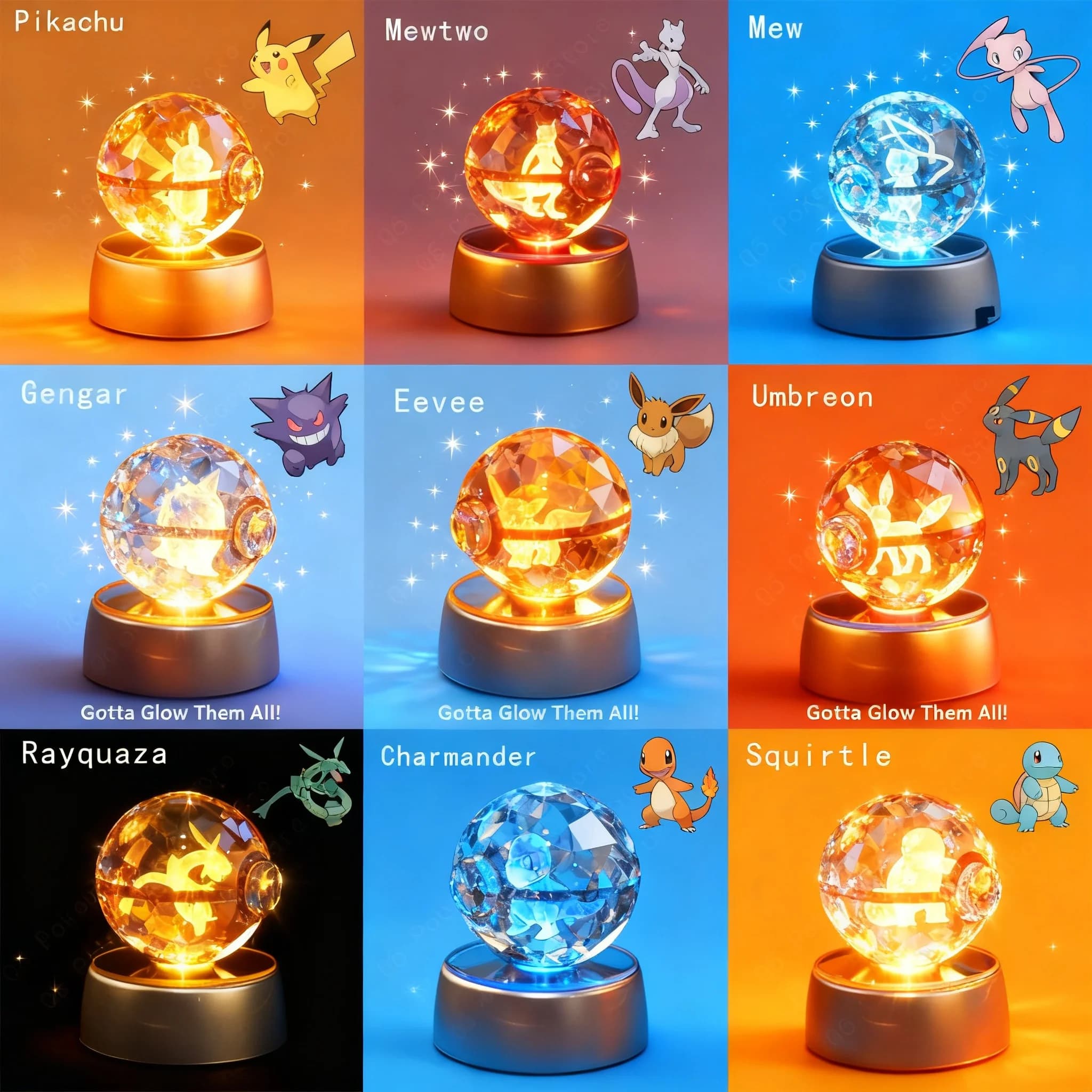 Lampada Notturna 3D a Sfera di Cristallo Pokémon con Figure di Pikachu, Mewtwo, Mew, Gengar, Base a Sfera di Vetro Pokeball, Regalo di Compleanno per Bambini