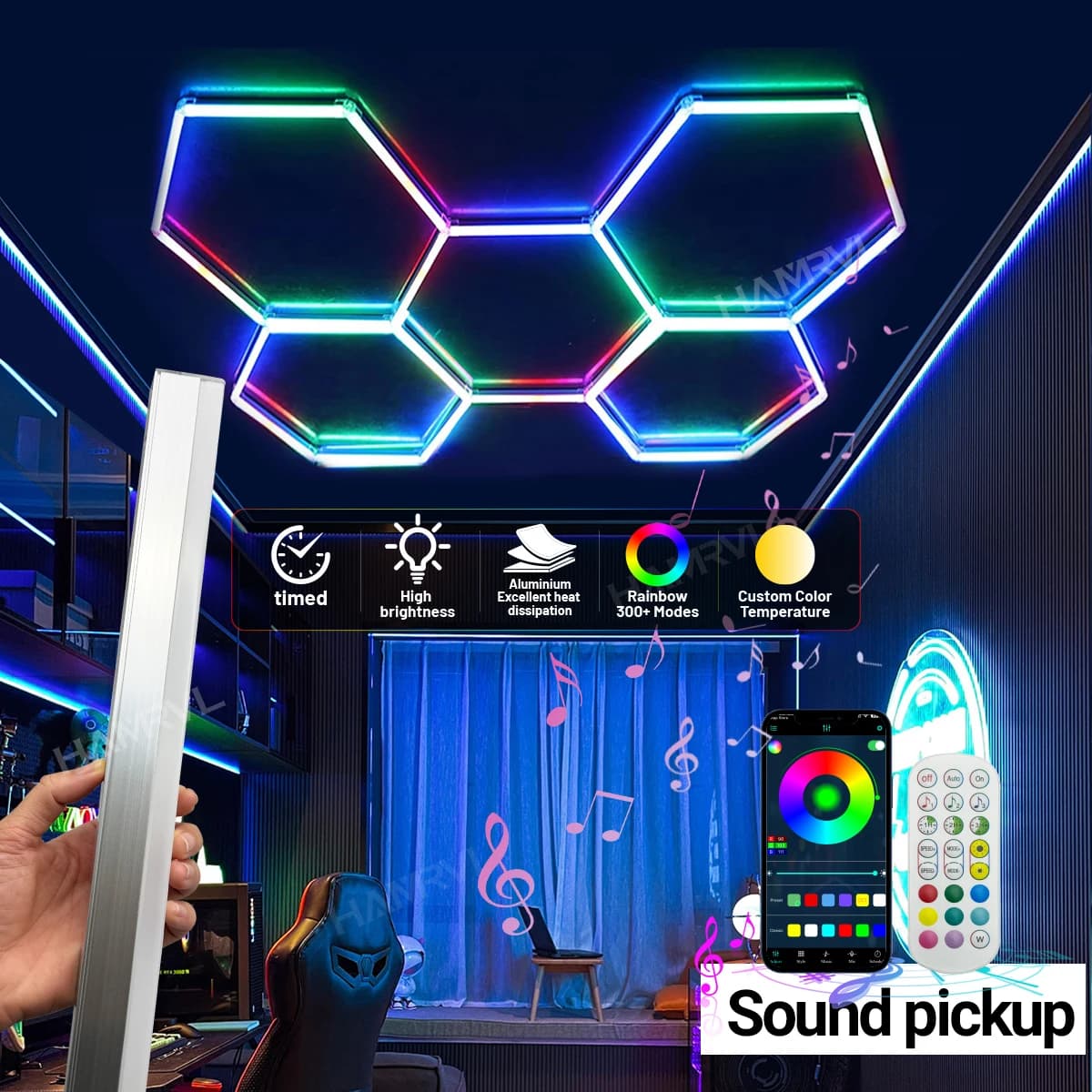 Luce LED RGB esagonale per illuminazione ambientale da gaming, con sensore di suono, cambio colore, per feste, club, palestra, garage, soffitto, parete.